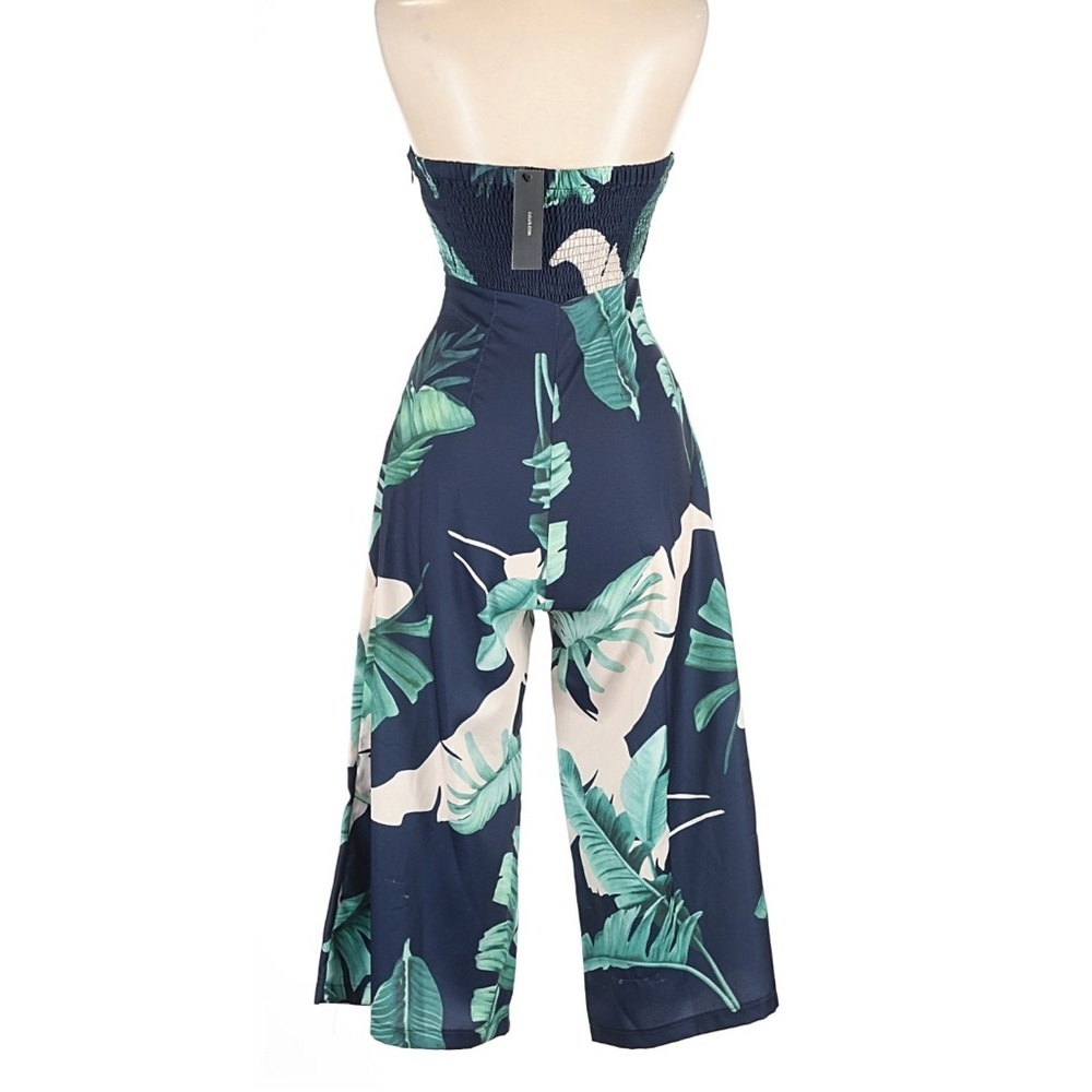 Lulus Rainforest Blooms Strapless Jumpsuit Small Navy Tropical Culotte Wide Leg - Picture 4 of 6